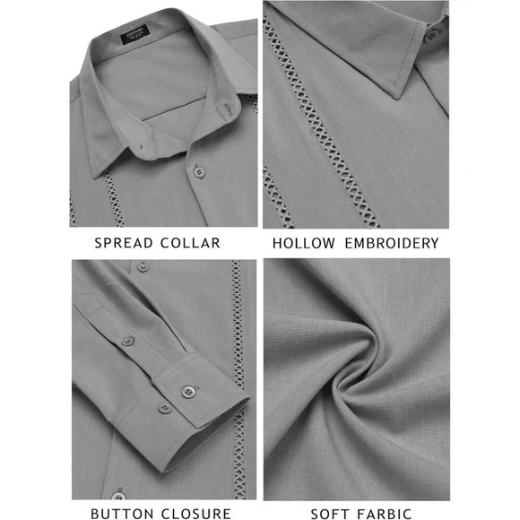 ❤️Mens Grey Cuban Shirt Casual Button Down Shirts Long Sleeve Beach  Shirts - Picture 6 of 7